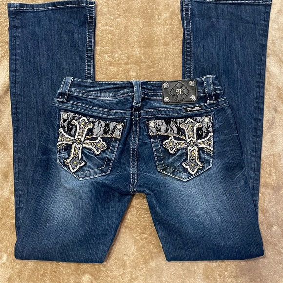Miss Me Denim - Miss Me Dark Blue Boot Cut Jeans with Embellished Pockets Size 28